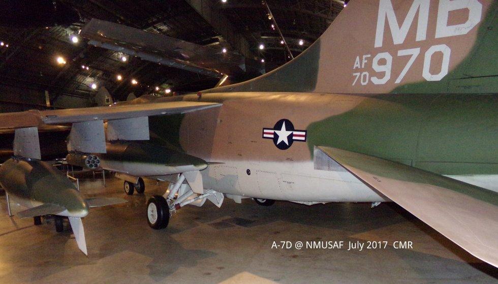 A-7D aft fuselage looking forward, showing main landing gear and rear of wing stations