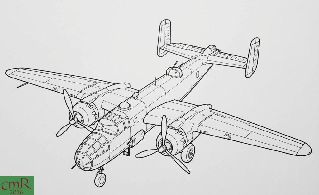 Black‑and‑white line drawing of a twin‑engine World War II‑era B-25 Mitchell bomber with a glass nose, dual propellers, and a twin‑tail layout. The illustration shows detailed structural lines, landing gear, engines, and tail surfaces