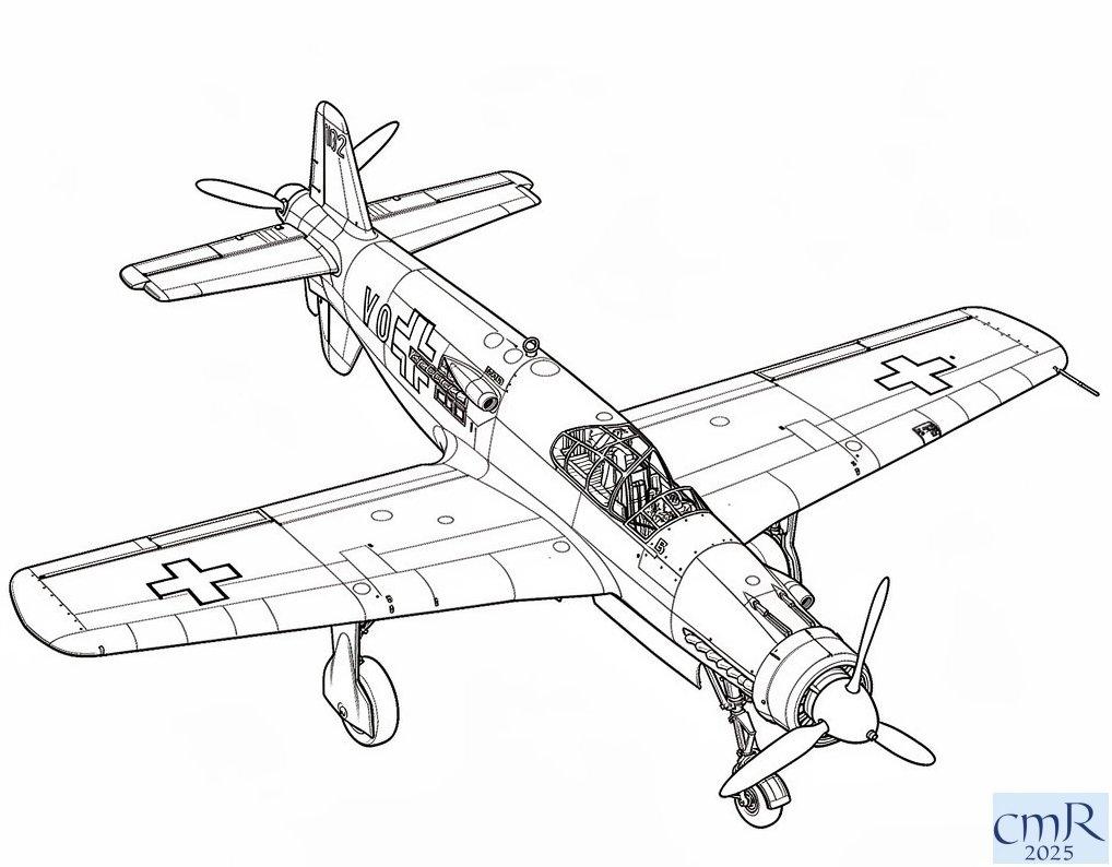 A detailed technical line drawing of a Dornier Do 335 heavy fighter from an elevated frontal perspective. The illustration highlights the unique tandem tractor-pusher engine arrangement, cruciform tail, and Luftwaffe markings. 