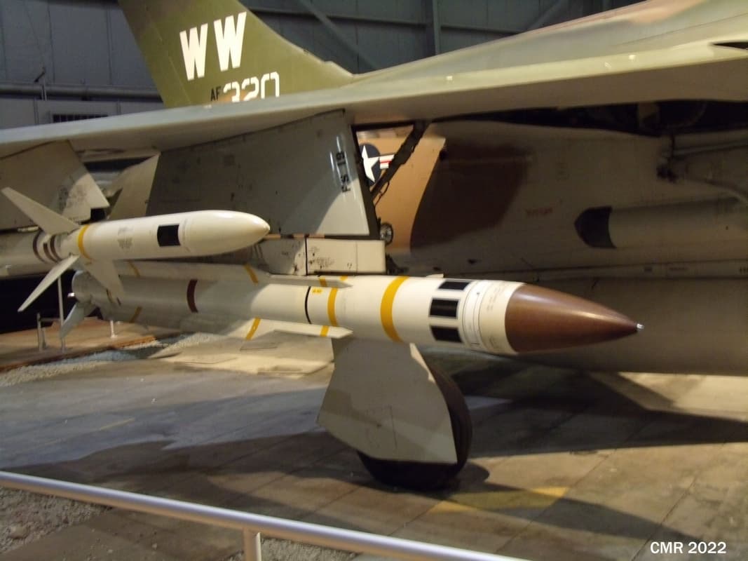 AGM-45 Shrike and AGM-78 Standard ARM antiradar missiles on the wing stations of the NMUSAF's F-105G Wild Weasel