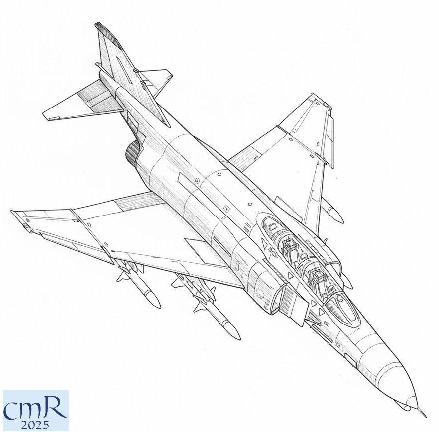Overhead view technical line art drawing of an F-4G Wild Weasel
