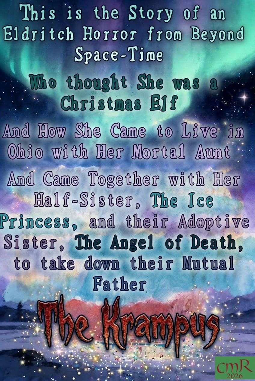 Portrait of BeGee the Elf, the impish blue-skinned anti-heroine of 'The Belfana'. She has piercing red eyes, pointed ears, purple hair, and a wicked smile while wearing a festive yet twisted Christmas hat. Set against a magical icy landscape with vibrant aurora lights